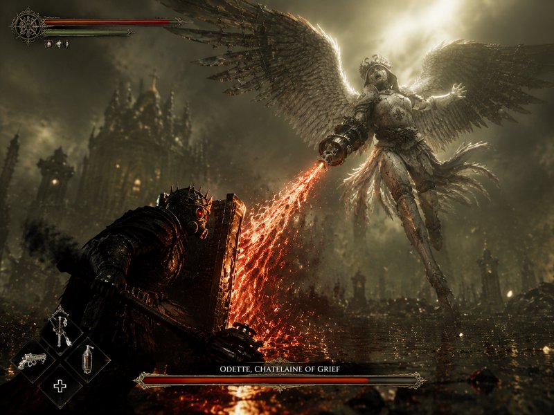 Dark fantasy scene of a armored knight facing a towering winged angel boss, Fire beam blasting fr...