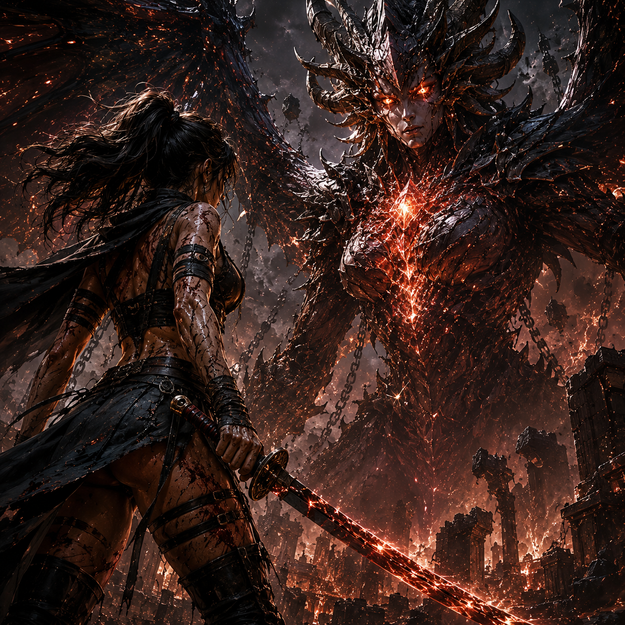 Warrior woman in battle-worn armor faces a colossal fiery demon in a burning ruined city.