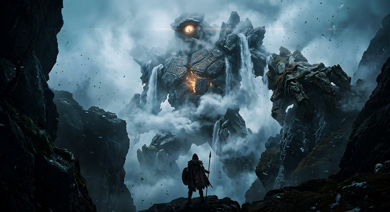 A lone warrior confronts a towering stone golem amid misty, jagged mountains.
