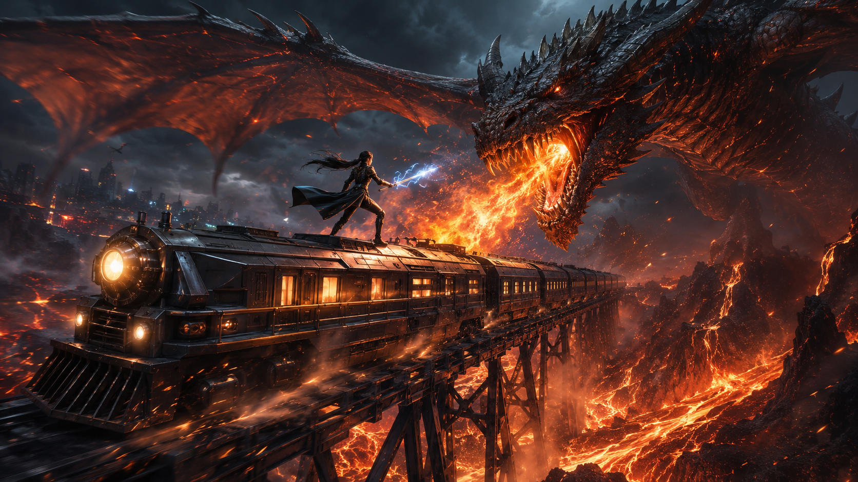 Hero battles a fiery dragon on a train trestle above lava-lit ruins.