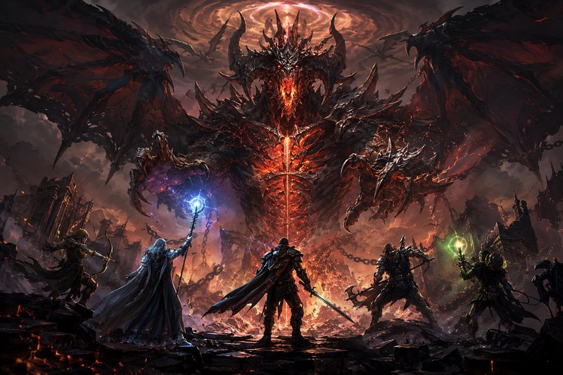 Epic battle scene featuring a colossal lava-demon and four armored heroes in dark fantasy art.