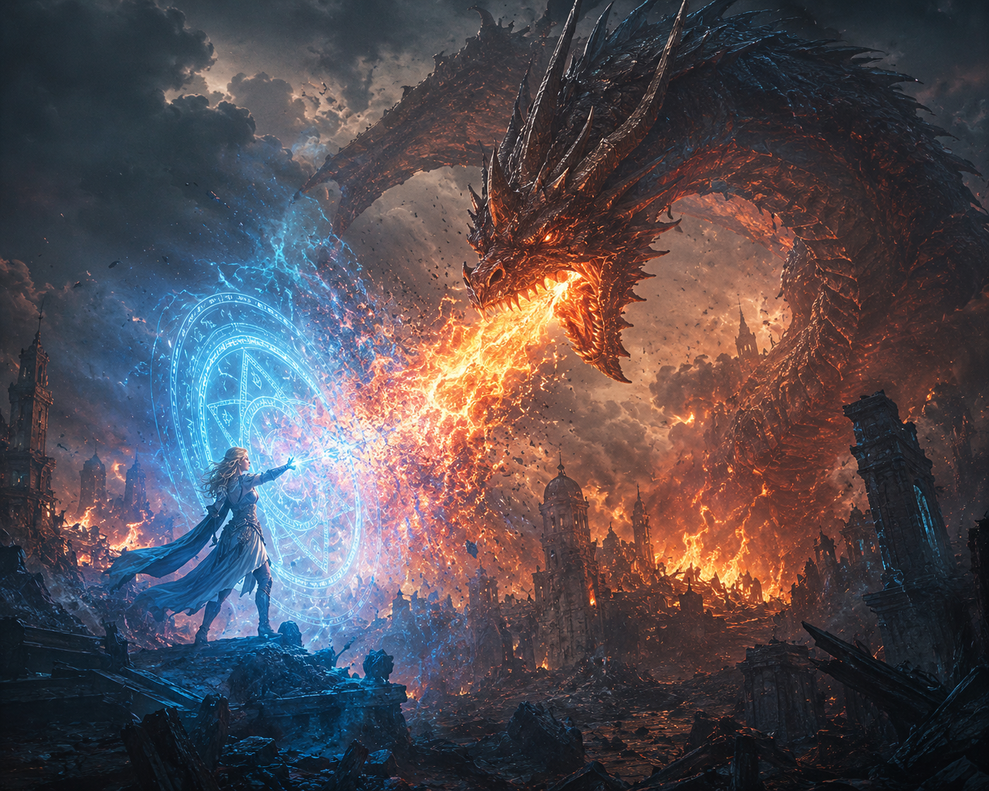 Mage in blue cloak conjures glowing circle spell as a colossal dragon breathes fire over ruined city.