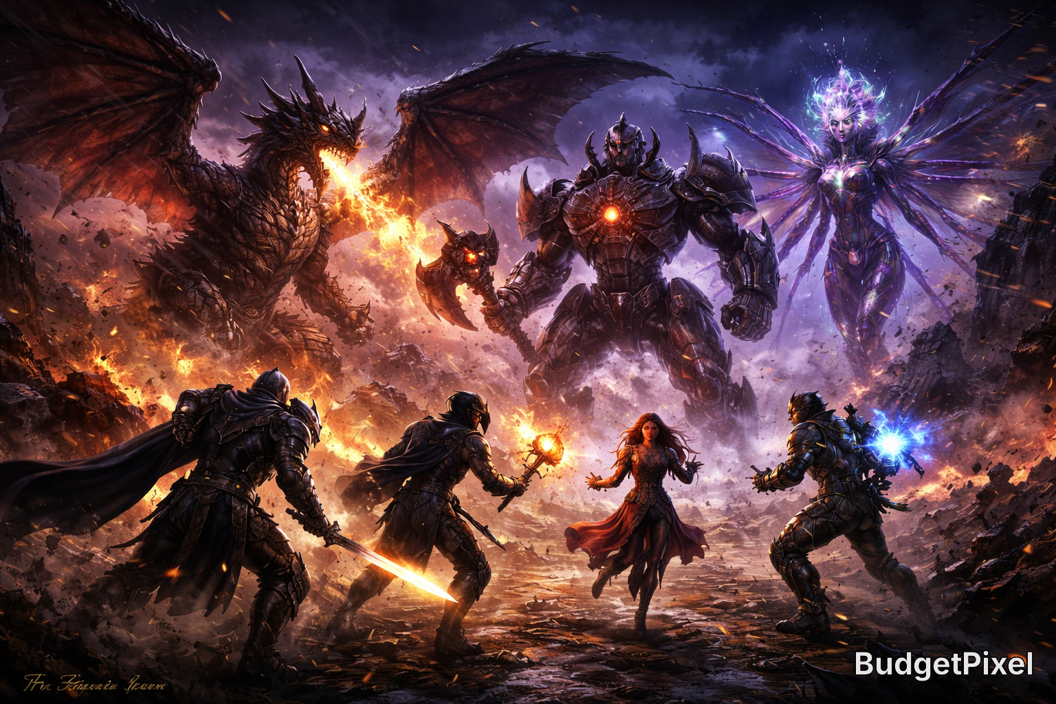 Epic fantasy battle: armored heroes clash with dragons and dark giants amid fiery magic.