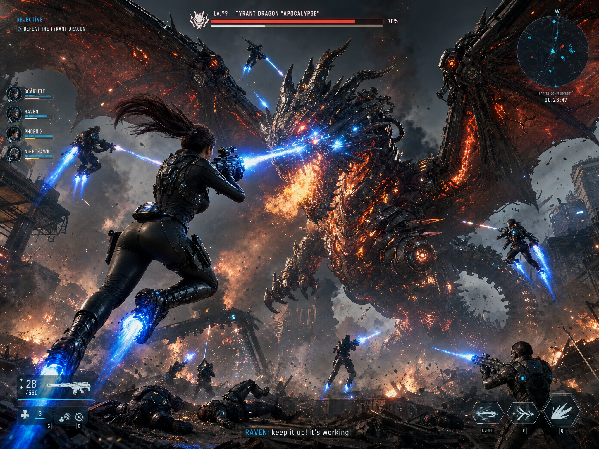Female armored warrior battles a colossal fiery dragon-mech in an explosive sci-fi game scene.