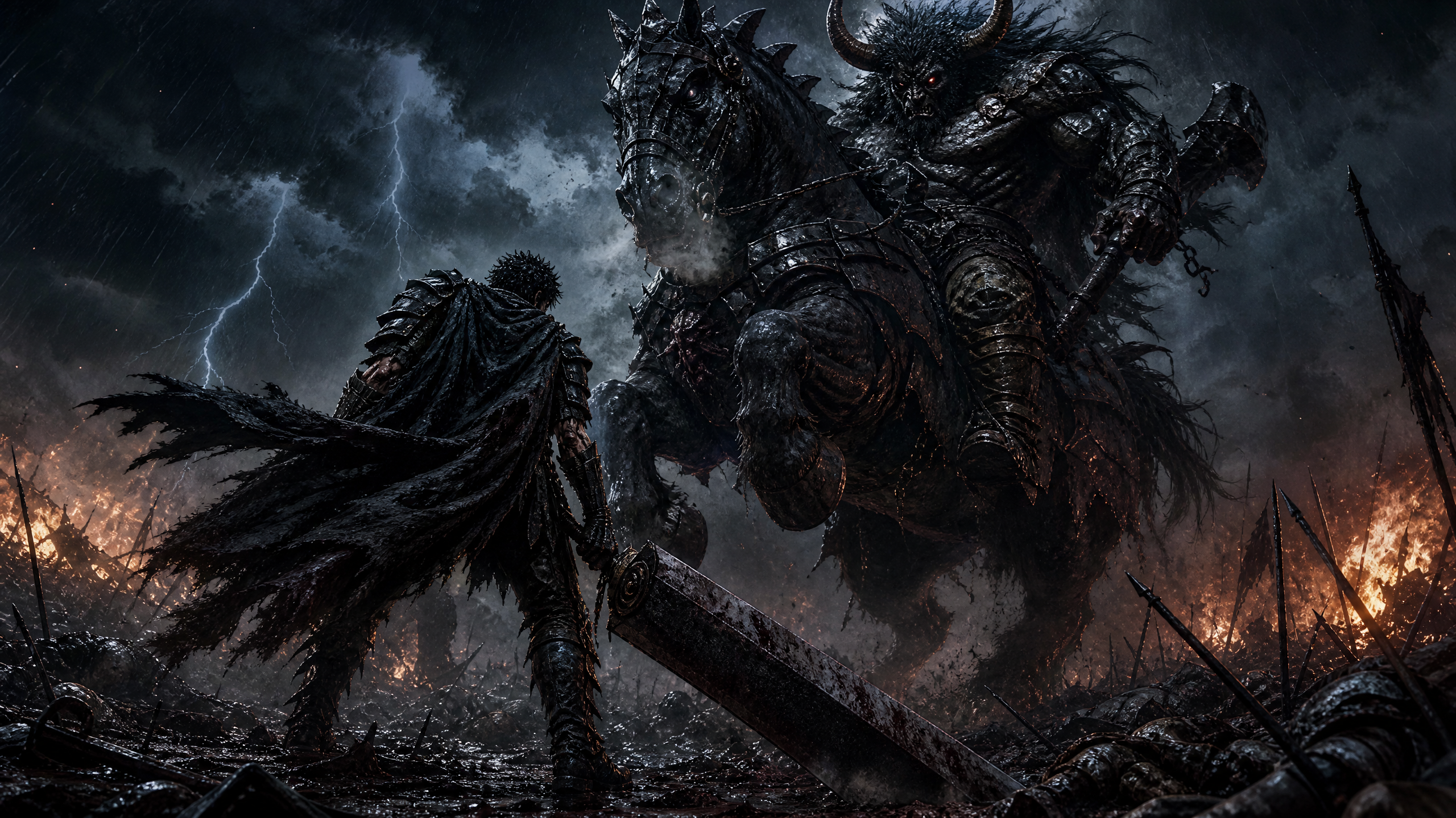 Dark fantasy warrior faces a colossal armored demon on a stormy battlefield with fire and lightning.