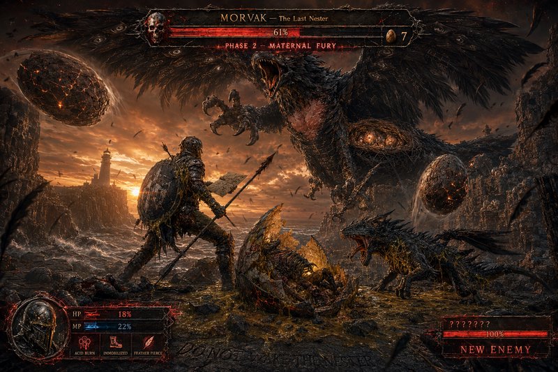 Dark fantasy boss battle with a winged monster attacking a knight on a lava-lit shoreline.