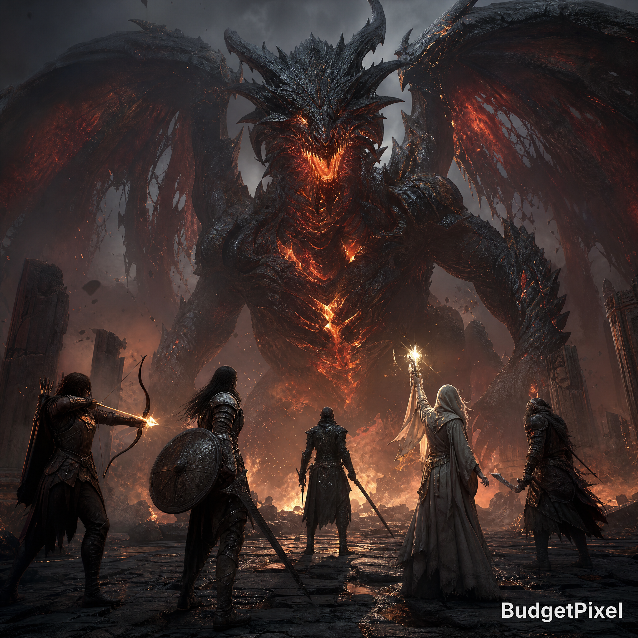 Dark, fiery dragon towers over armored heroes in a lava-lit ruin battle.