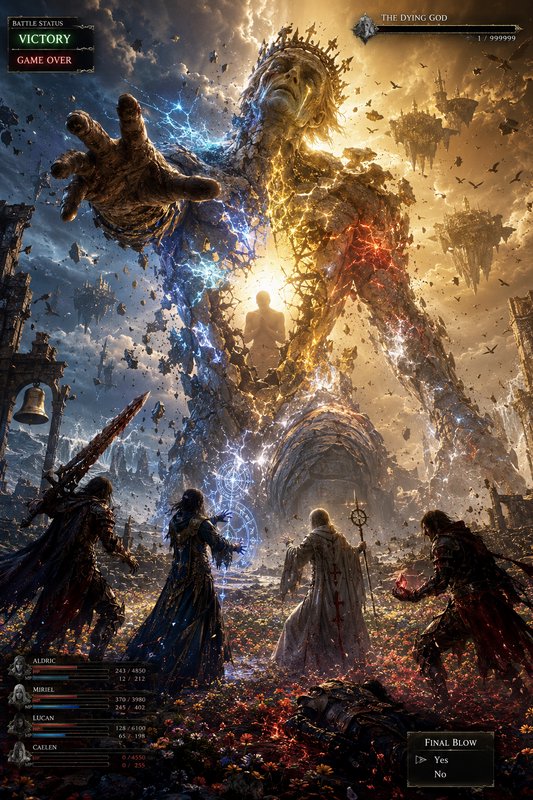 Epic boss fight scene with a colossal shattered statue and four heroes facing a glowing, multi-co...