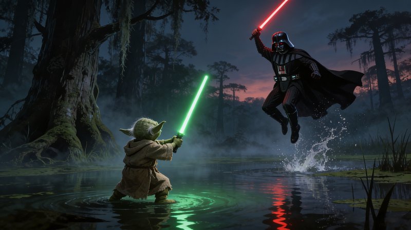 Yoda facing Darth Vader in a swamp duel with green and red lightsabers