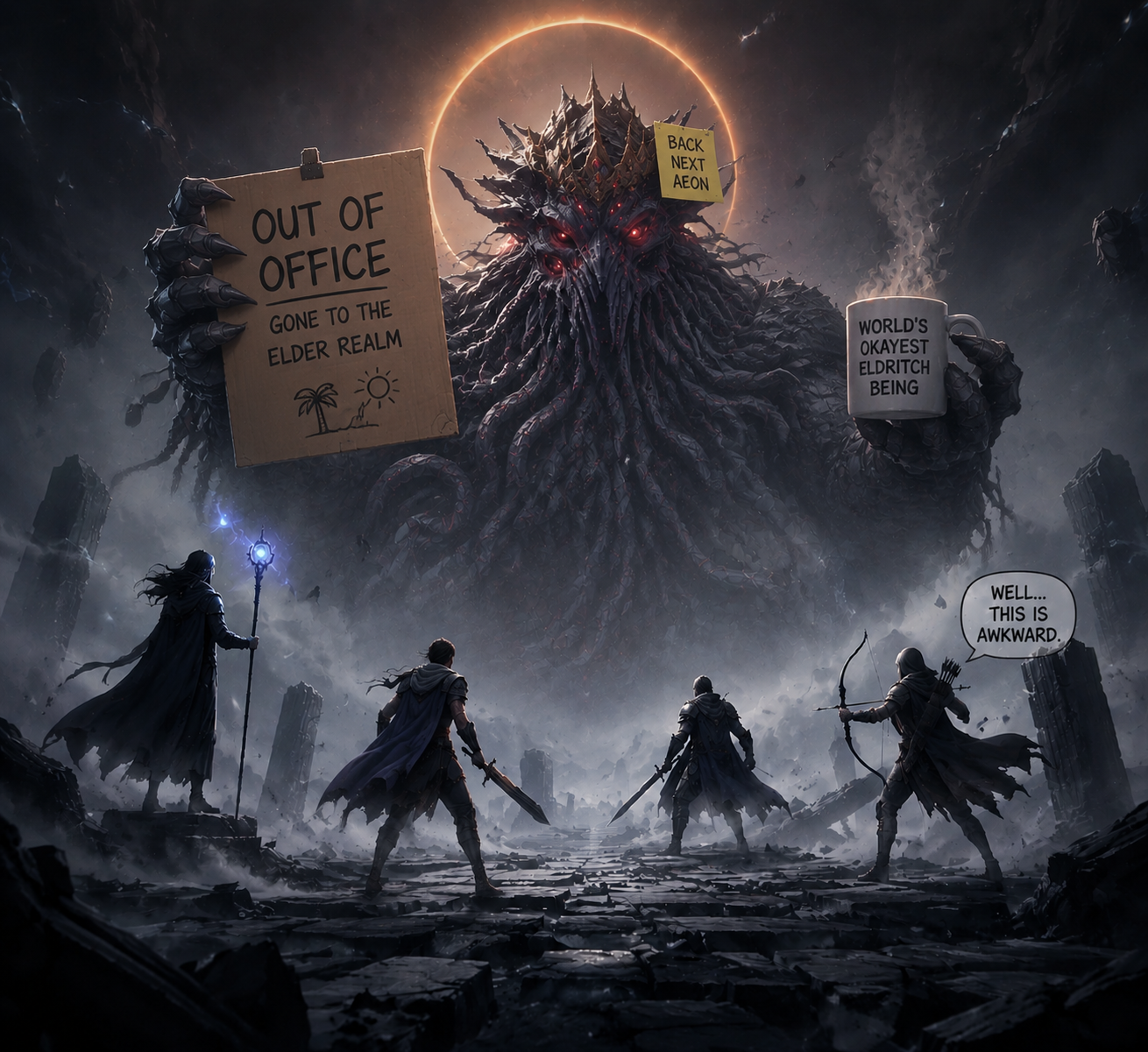 Four armored warriors confront a colossal eldritch tree monster holding signs in a dark, ruined landscape.