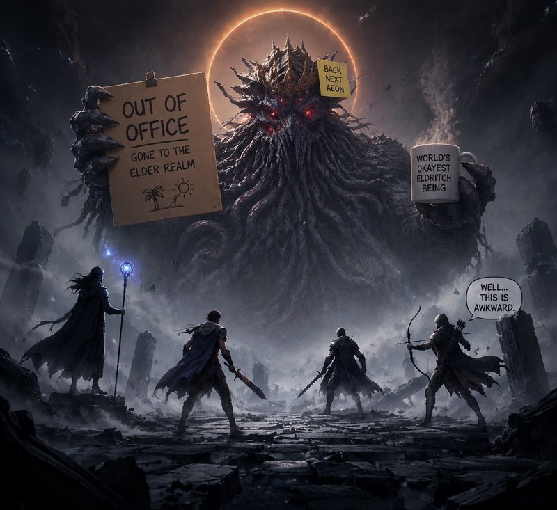 Four armored warriors confront a colossal eldritch tree monster holding signs in a dark, ruined l...