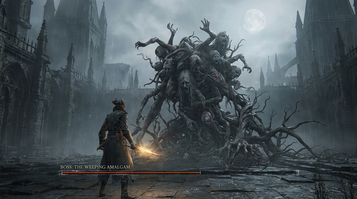 Dark knight faces a multi-armed grotesque amalgam boss in a ruined gothic cathedral under moonlight.