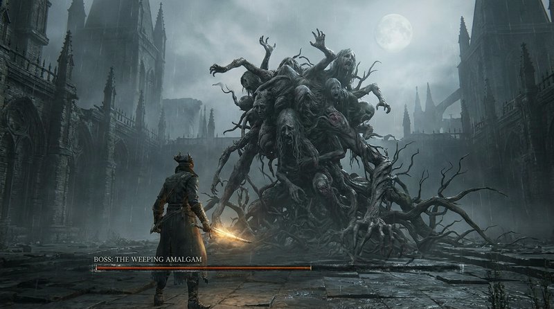 Dark knight faces a multi-armed grotesque amalgam boss in a ruined gothic cathedral under moonlight.