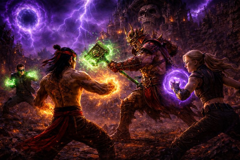 Epic fantasy battle scene with armored demon clashing with two warriors and elemental magic energ...