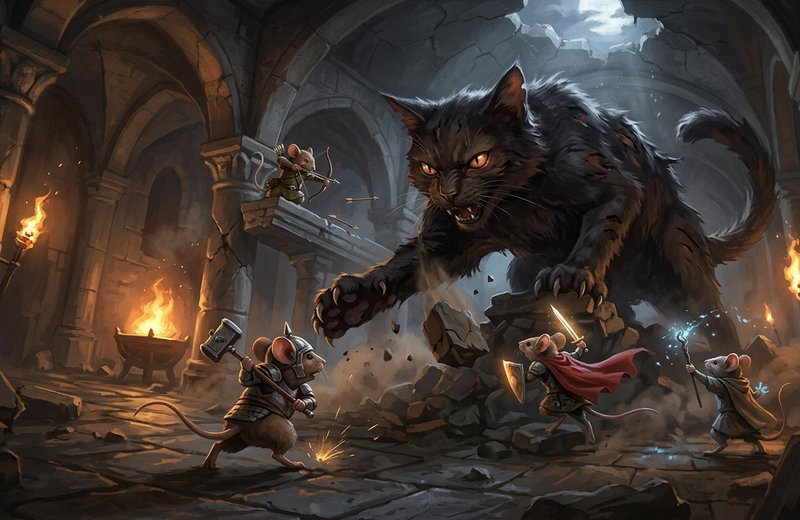 Epic fantasy battle in a ruined dungeon as a giant snarling black cat confronts armed mouse heroes.