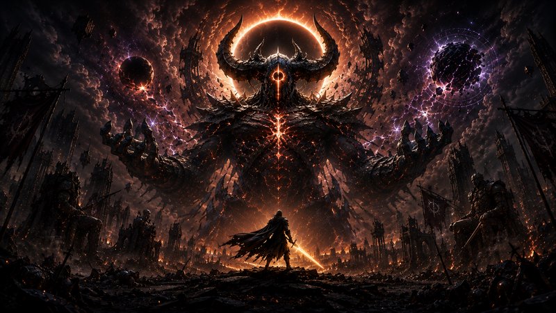A lone warrior faces a colossal horned demon amid a fiery apocalyptic battlefield.