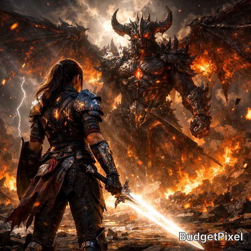 Armored warrior faces a fiery demonic dragon amid flames and sparks in a dramatic epic battle.