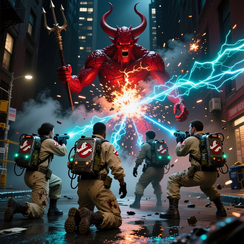 Red horned demon towering over city street as Ghostbusters-style team battles with proton packs a...