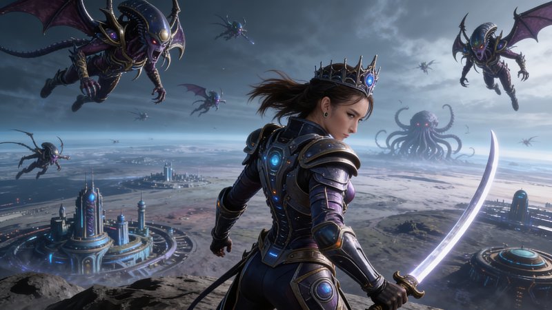 Female armored knight with glowing blue accents, sword drawn, overlooking a futuristic city as dr...