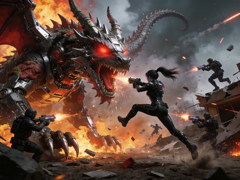 High-action futuristic battle scene with a fiery robotic dragon clashing with soldiers.