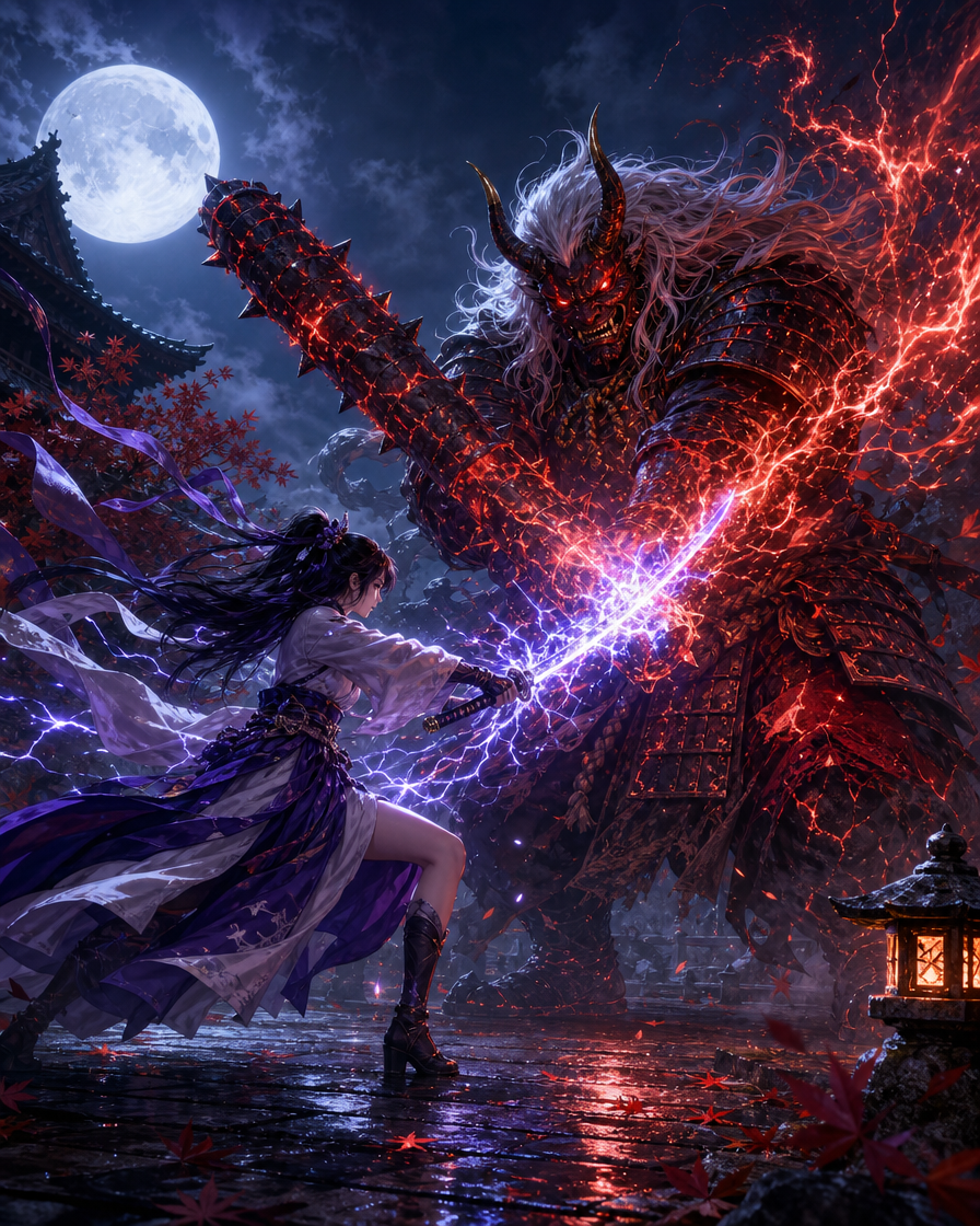 Female warrior clashes with a fiery demon wielding a glowing molten sword under a full moon.
