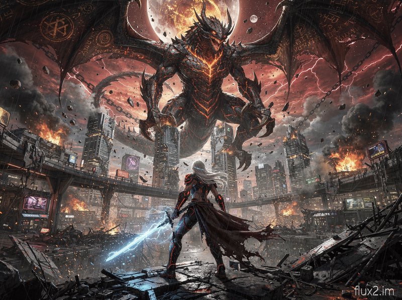 Armored warrior with a glowing blue sword battles a colossal fiery dragon above a ruined city.