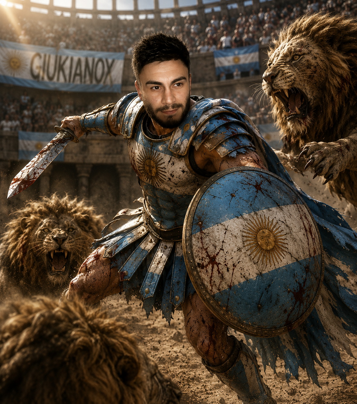 Armored gladiator in blue and white with a sun emblem shield fights roaring lions in a crowded arena