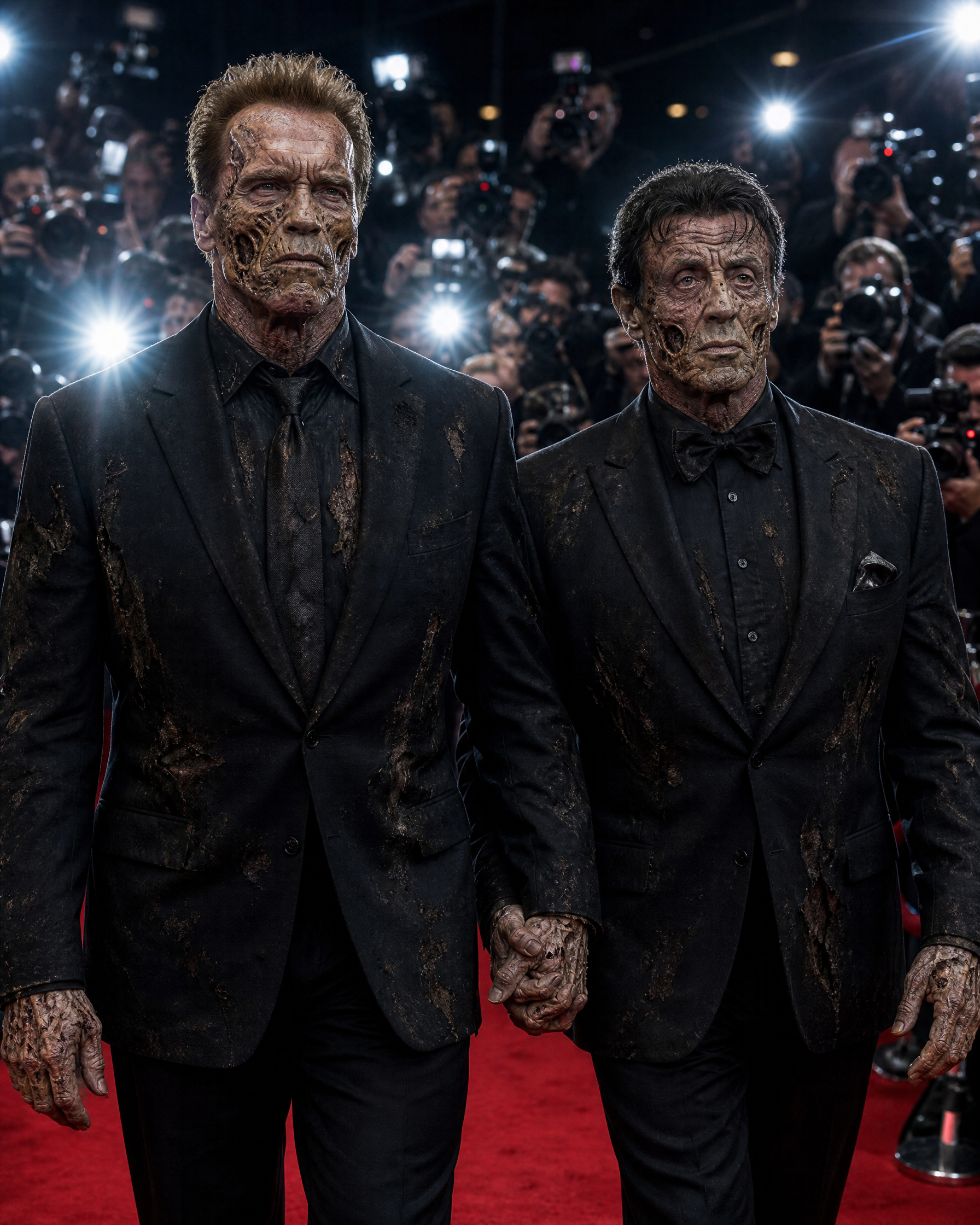 Two men in black tuxedos with zombie makeup on a red carpet as photographers flash around them.