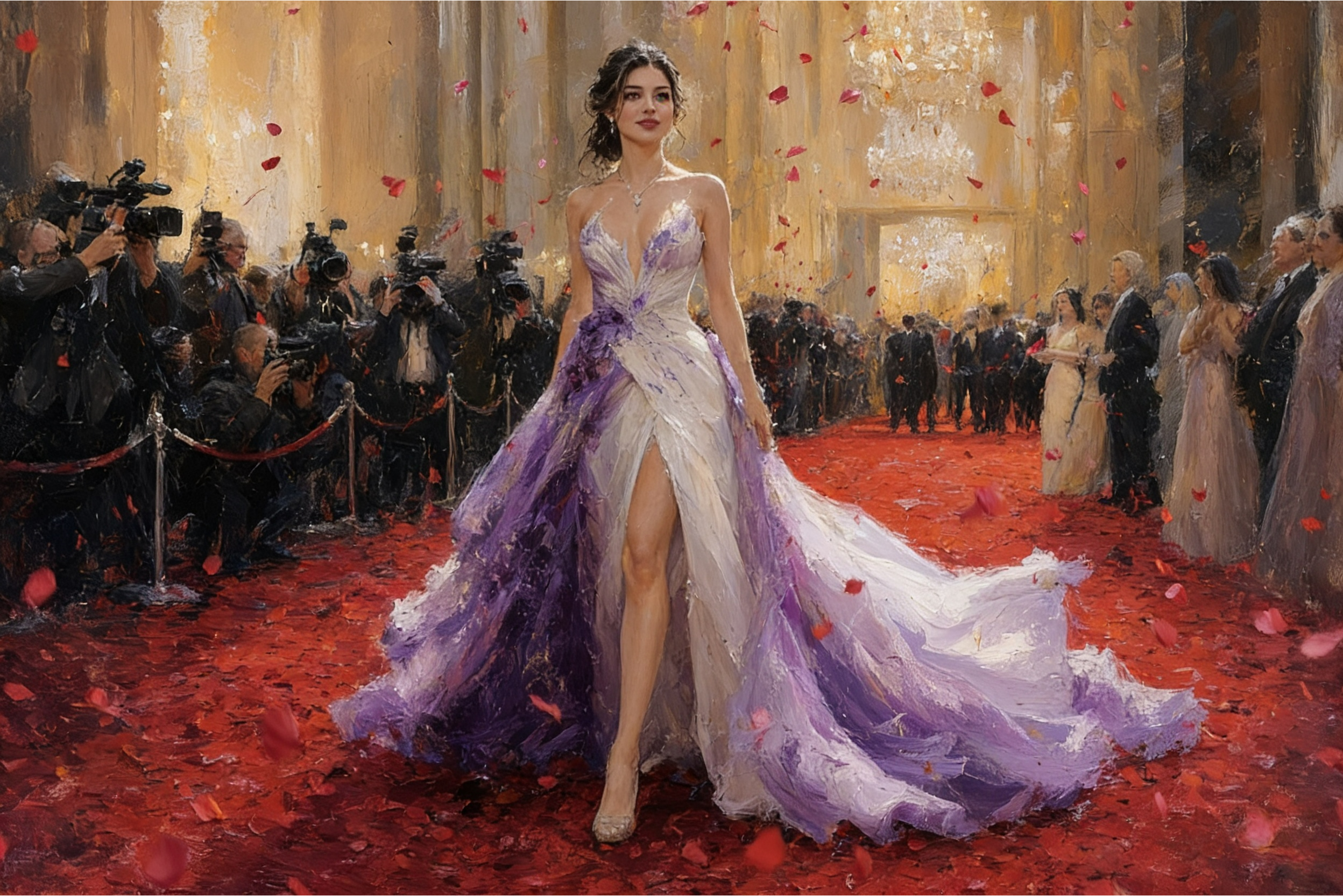 Gowned woman in a purple lavender evening gown walking the red carpet amid paparazzi.