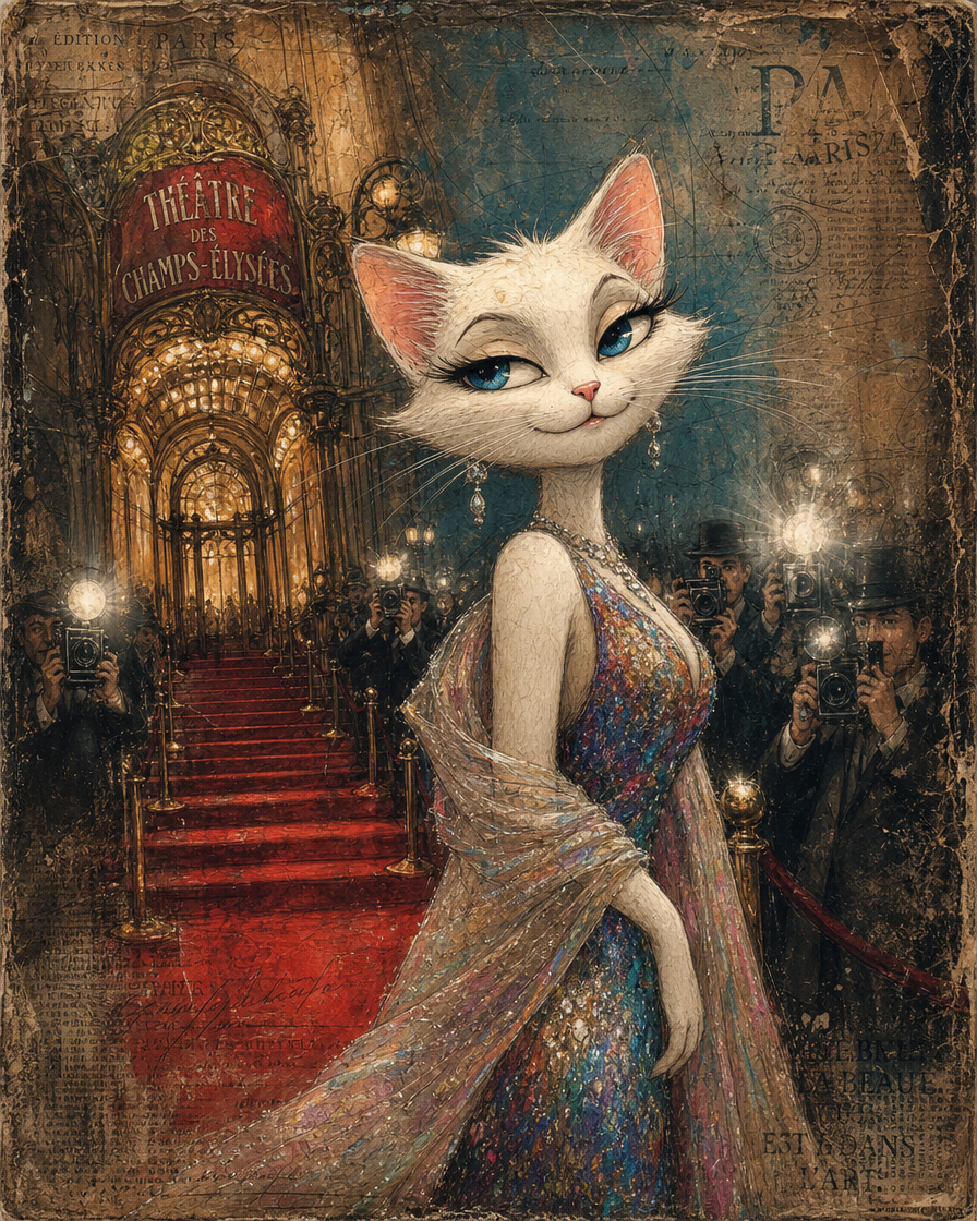 Elegant white cat in a glittering evening gown on a red carpet with paparazzi and a grand theater backdrop.