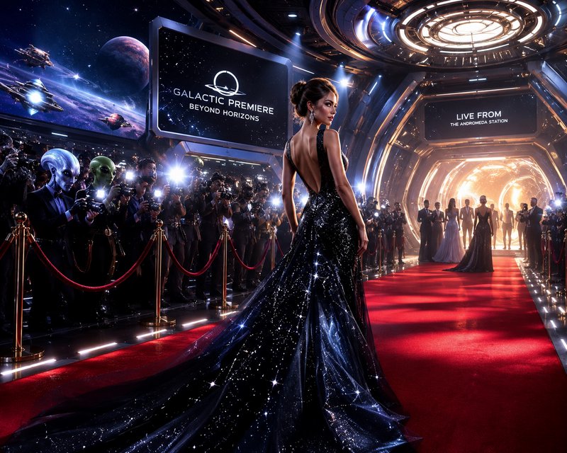 Glamorous woman in a sparkling backless gown on a futuristic space-themed red carpet.