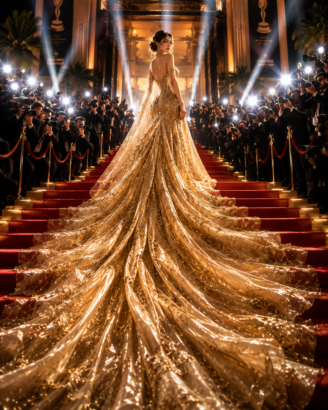 Woman on red carpet wearing a sparkling gold gown with long train, back view.