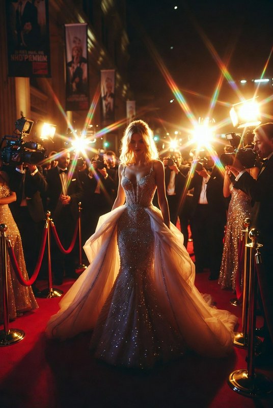 Woman in a glittering evening gown on a red carpet amid photographers and bright flashbulbs