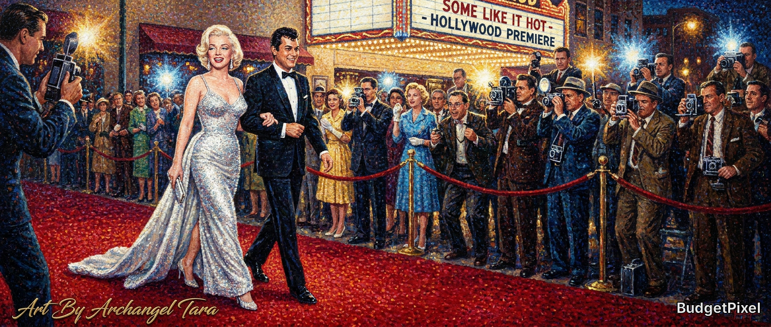 Vintage red-carpet Hollywood premiere illustration with a glamorous couple and paparazzi