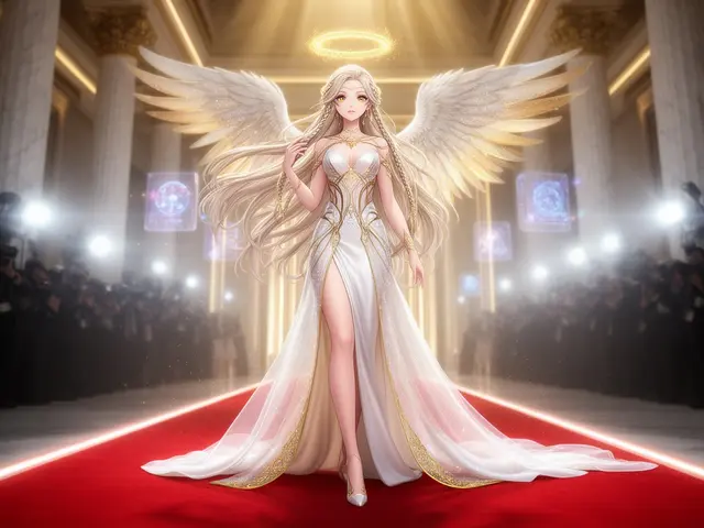 Angelic female figure with large white wings walking on a red carpet under a glowing halo