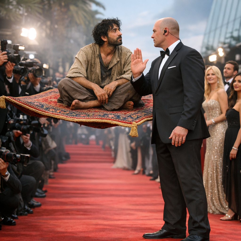 Man in ragged clothes sits cross-legged on a rug held aloft by a security guard at a glamorous red-carpet event.