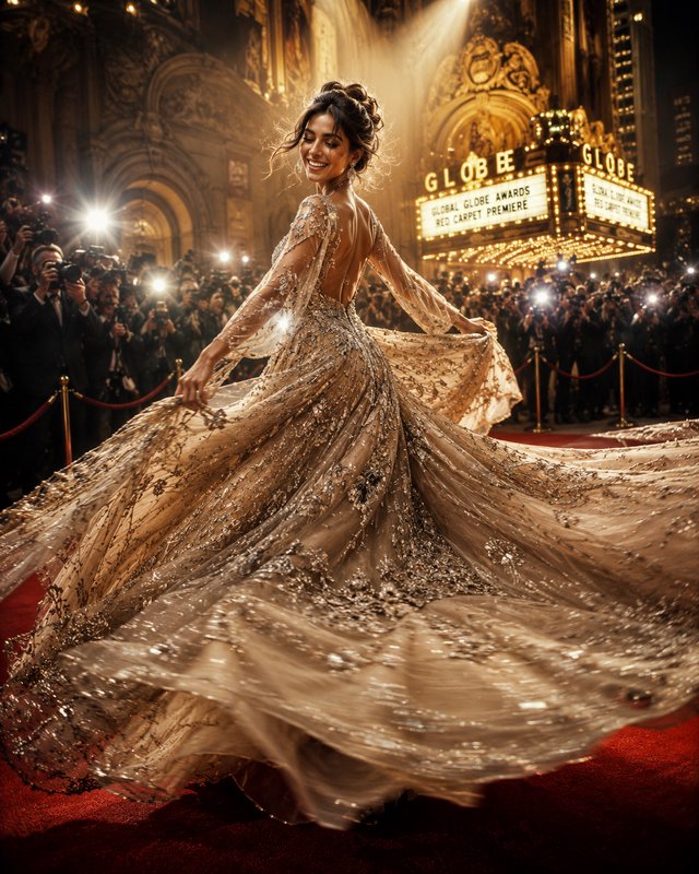 Female celebrity in a shimmering, ornate gown twirling on the red carpet at a glamorous awards ce...