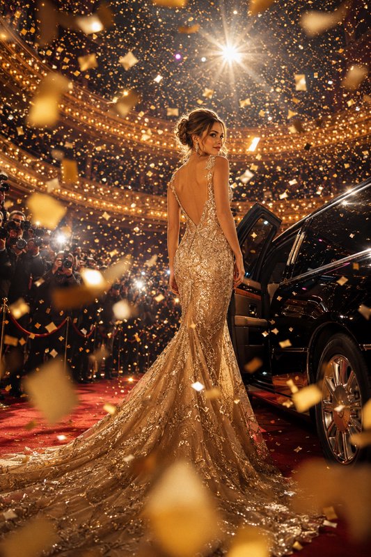Glamorous woman in a shimmering gold backless gown stepping from a black car on a red carpet amid...