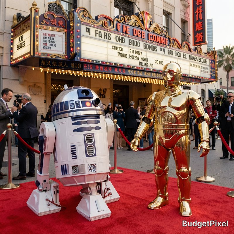 Life-size R2-D2 and C-3PO statues on a red carpet outside a theater marquee.