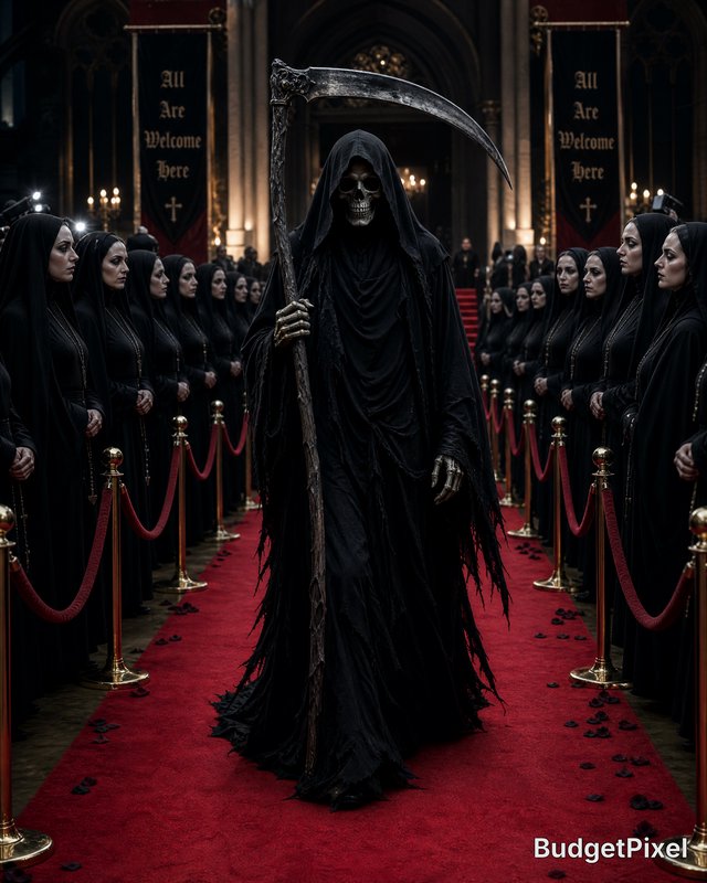 Grim Reaper in a black hooded robe with a scythe walking down a red carpet between robed figures ...
