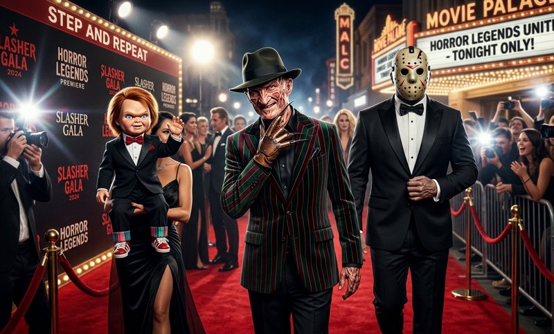 Red carpet horror gala with costumed killers and guests posing for paparazzi.