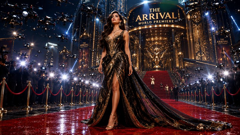 A glamorous woman in a shimmering black and gold gown walks the red carpet at The Arrival world p...
