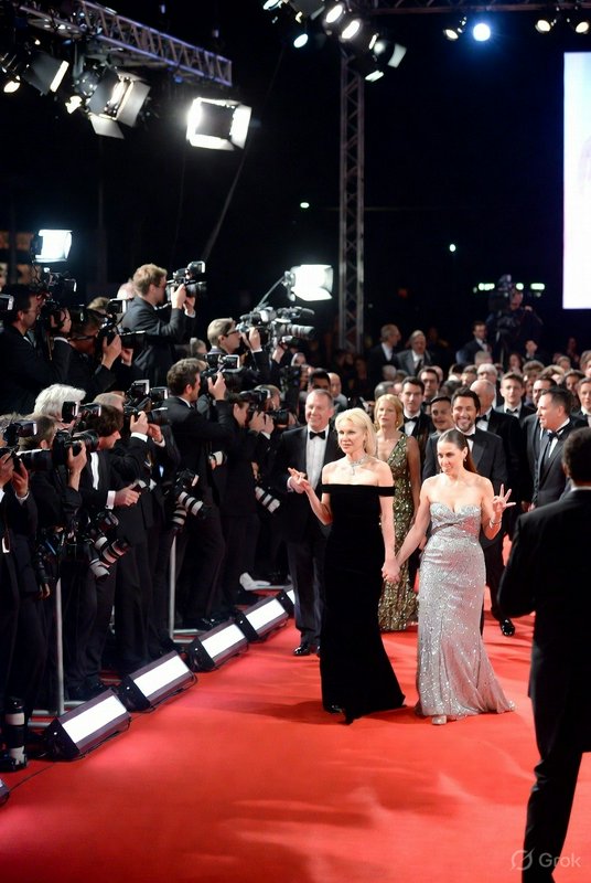 Red carpet moment with celebrities posing as paparazzi photograph them under bright studio lights.