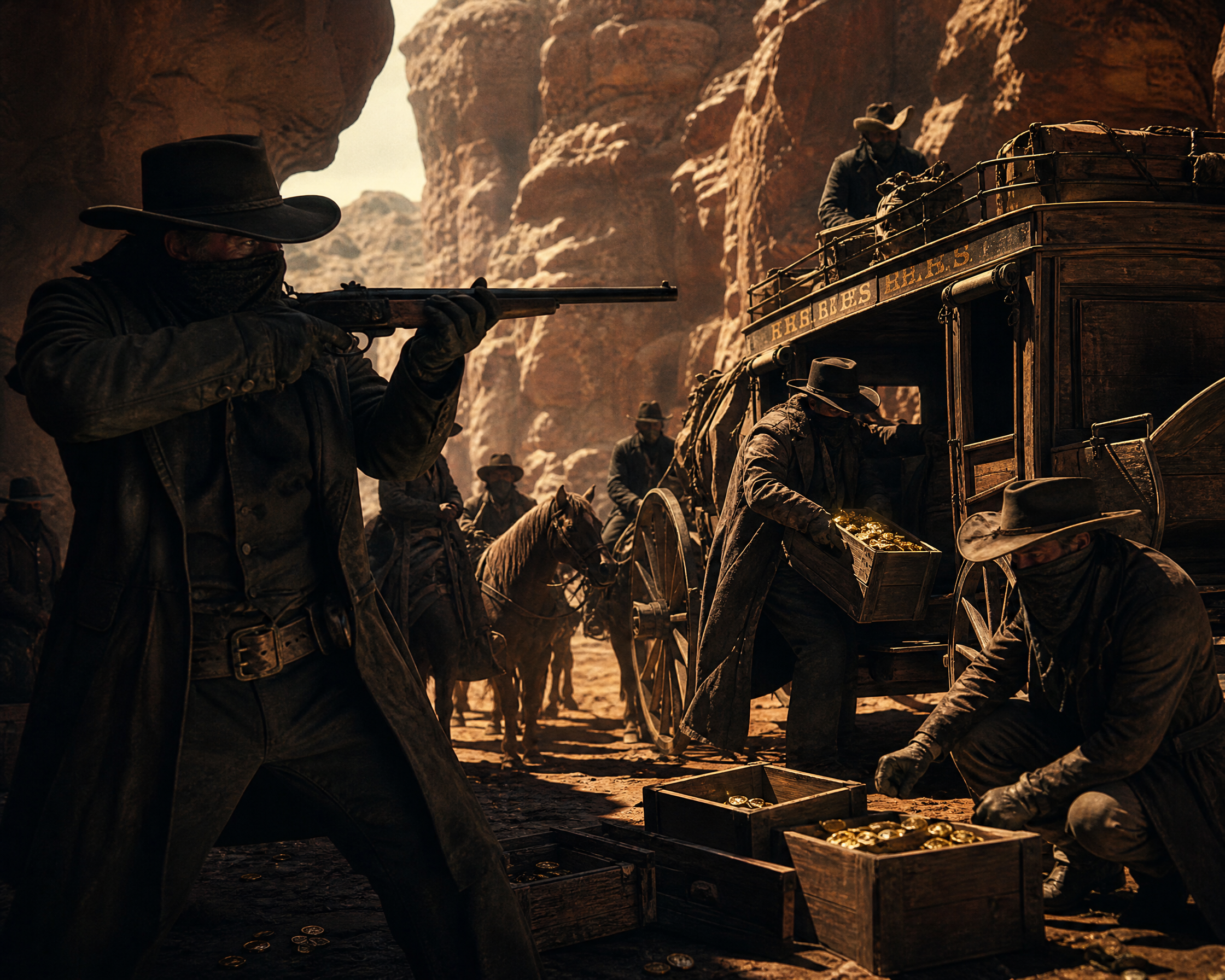 Western scene with a gunman aiming a rifle and miners panicking near a wagon in a dusty canyon.