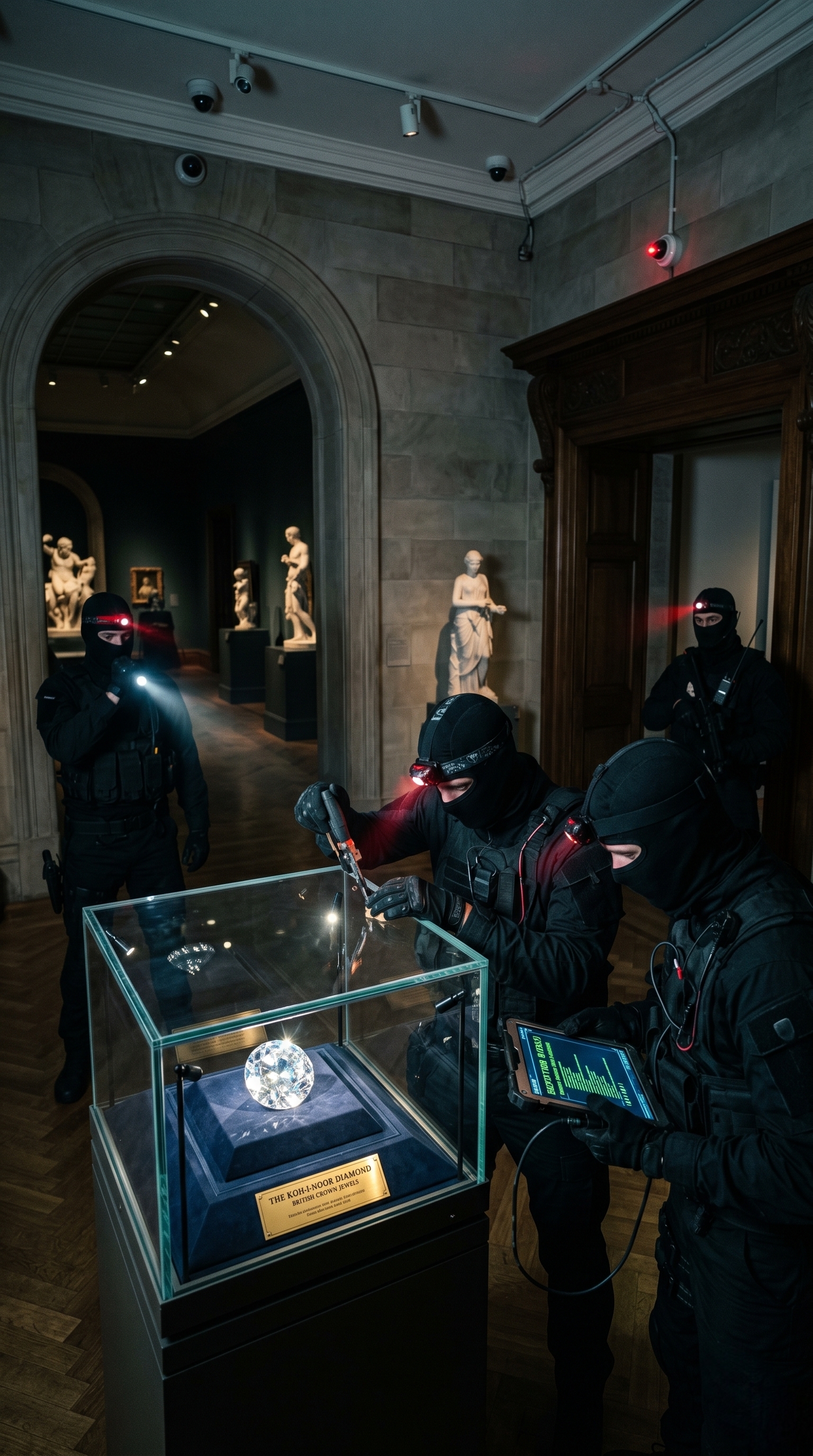 Masked security team in tactical gear guards a glass display case with a crystal orb in a museum gallery.