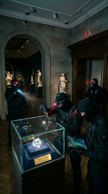 Masked security team in tactical gear guards a glass display case with a crystal orb in a museum ...