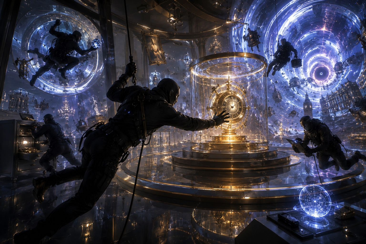 Astronauts navigate a glowing futuristic chamber with circular portals and a central illuminated device.