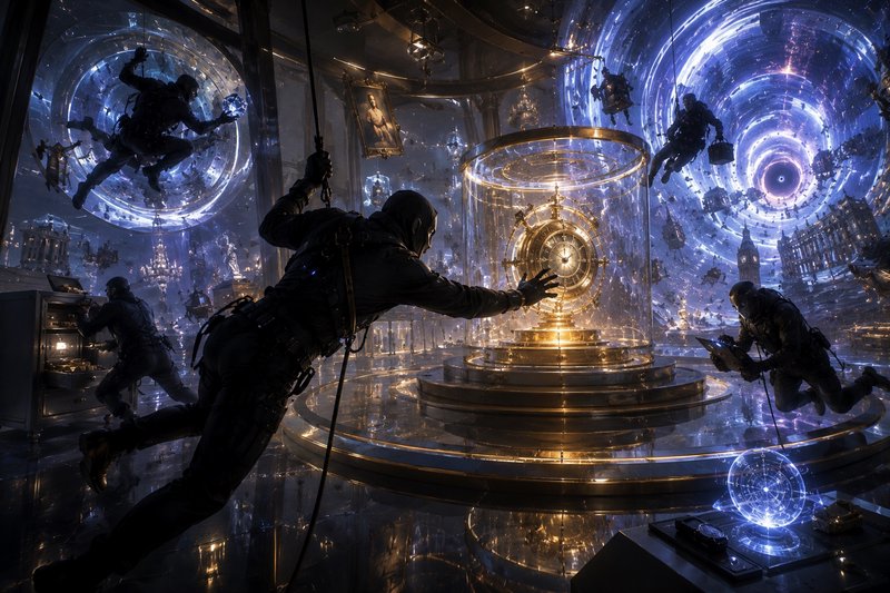Astronauts navigate a glowing futuristic chamber with circular portals and a central illuminated ...