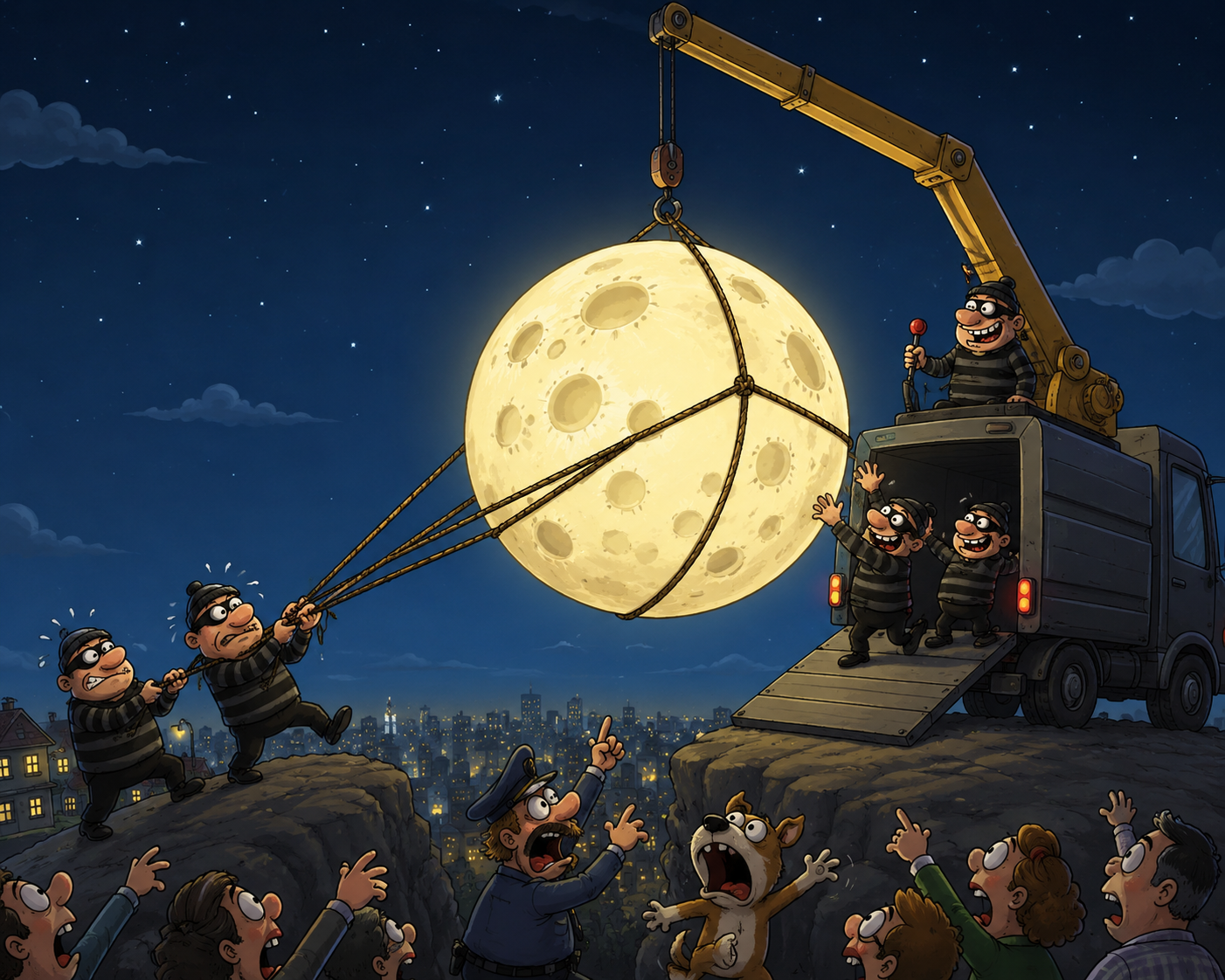 Cartoon criminals lift a giant moon with a crane as onlookers react under a night sky.