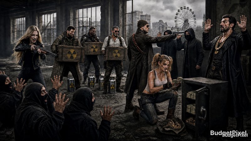 Post-apocalyptic scene with armed woman, kneeling survivor, and menacing figures in a ruined industrial setting.
